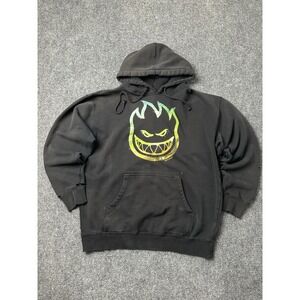 Mens Hoodie Spitfire Flame Face Black Distressed Worn Pullover Skate, Size L